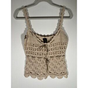 Vintage Y2K PLENTY crochet hippie cream tank suede ties L boho festival cowgirl